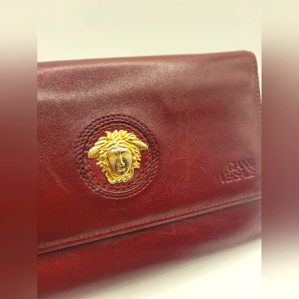 Gianni Versace Vintage Gold Medusa Head Burgundy Clutch